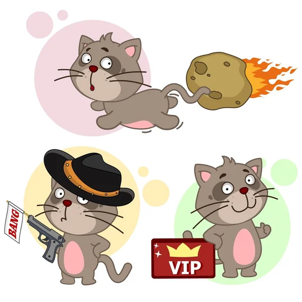 Zestaw Ikon Śmieszne Koty Dla Dzieci Projektowania Kot Komety Ganster — Wektor stockowy
