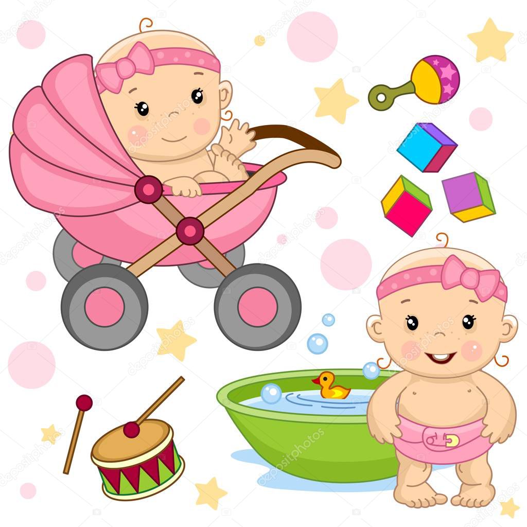A set of icons for little kids girls for children and design, a baby in a stroller, a baby stands near the bathroom and wants to wash, a drum, cubes and a rattle.