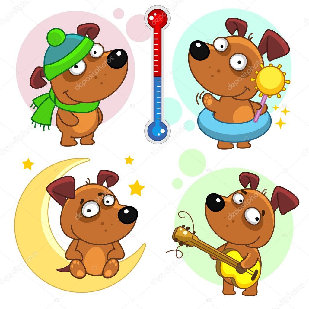 A set of icons with dogs for children and design, dogs stand at a thermometer in a hat and with the sun, they are cold and hot, the puppy sits on the month and around the star, stands with a guitar in his hands and plays.