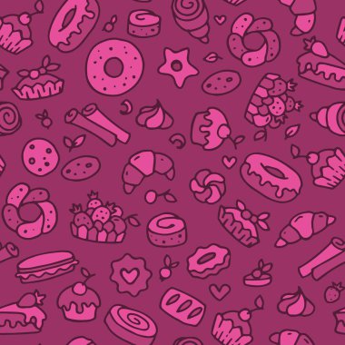 Pembe veya kırmızı desenli tatlılar çocuklar ve tasarım için. Tatlı nesneleri arka plan görüntüsü. Tatlılar, kek, kek, kek, çörek, çörek, simit, kruvasan, bisküvi, rulo, meyve ve çilek arka plan.