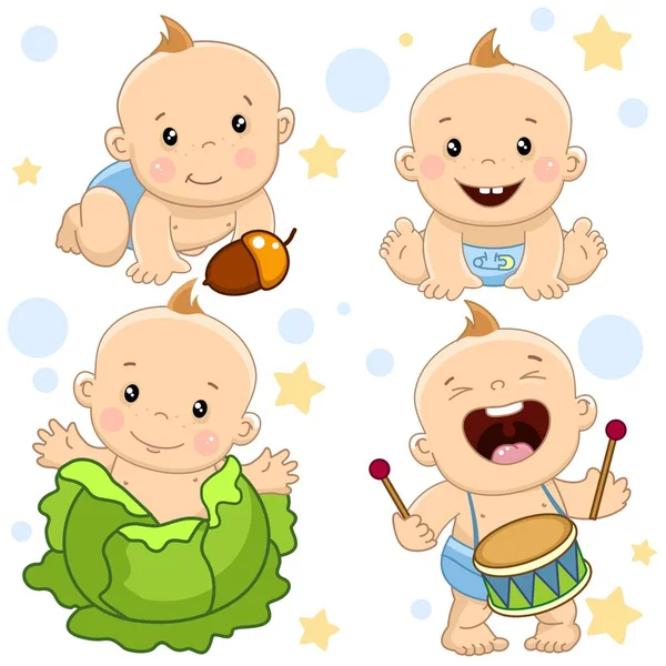 Çocukların simgeleri bir dizi için tasarım, gülümseyen ve görünür bir süt diş çocuklar, meşe palamudu yemek istiyor, davul çalıyor, lahana doğdu.