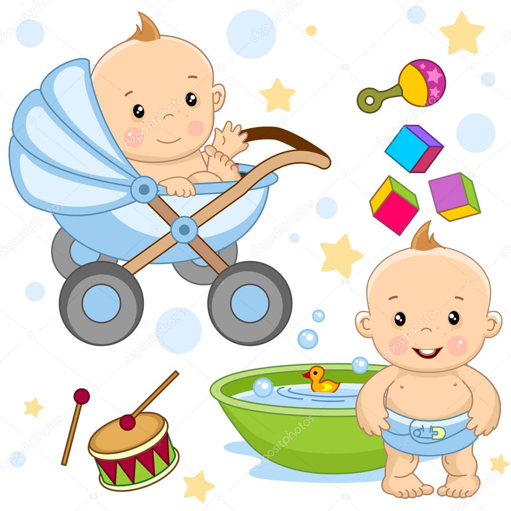 A set of icons for little kids boys for children and design, a baby in a stroller, a baby stands near the bathroom and wants to wash, a drum, cubes and a rattle.