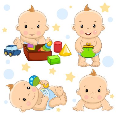 Çocuk ve tasarım, küçük bir yeni doğan çocuk için çizimler bir dizi oturur ve oyuncak bir kutu içinde toplar, sırtında bir çıngırak ile oynarken yatıyor, kadın çantası elinde tutar, üzgün sürünür.