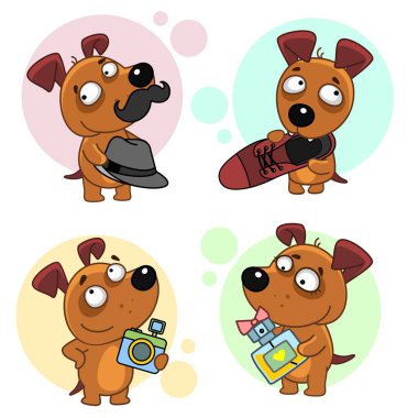 Bir şapka ve bir ayakkabı ile bir fotoğraf makinesi ve bir şişe parfüm, tasarım ve çocuklar için dişlerini içinde tutan bir bıyık giyen bir köpek tasvir eden köpek simge kümesi.