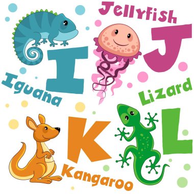 Harfler kümesi resimleri hayvanlar, kelimenin İngilizce alfabe ile. Çocukların eğitimi için. Denizanası, iguana, Kanguru ve kertenkele hayvan karakterlerdir.