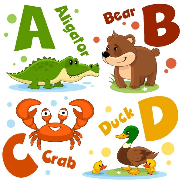 Set Letters Pictures Animals Words English Alphabet Education Children Characters — Stock Vector