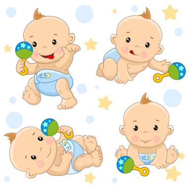 Çocuklar ve tasarım için çocuklar için güzel küçük erkek simgeleri bir dizi, bir çıngırak ile erkek çocuk, duruyor, oturur, yalan, bir oyuncak için ulaşır.
