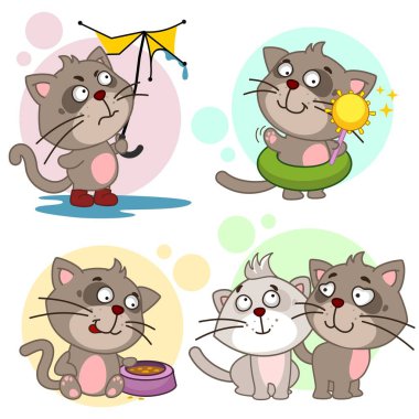 Tasarım ve kedi ile çocuklar için karikatür illüstrasyon simgeleri bir dizi, yağmurda kırık bir şemsiye ile bir kedi, güneş ile plajda bir kedi, yiyecek bir kase ve aşık iki kedi ile.