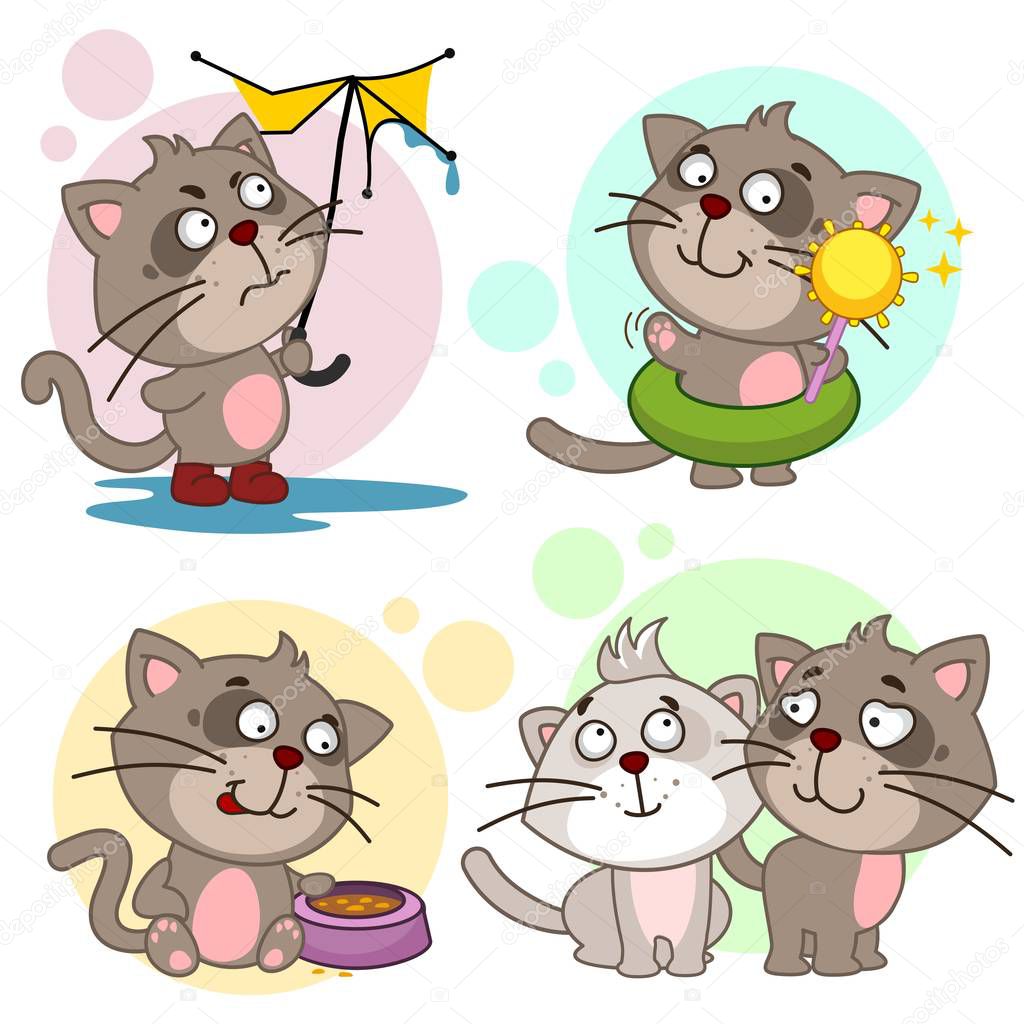 A set of cartoon illustration icons for design and children with cats, a cat with a broken umbrella in the rain, a cat on the beach with the sun, with a bowl of food and two cats in love.