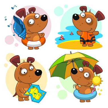 Çocuklar ve tasarım için çocuk illüstrasyonları seti. Köpek seyahat ediyor. Kabukların sesini dinler, can yeleğiyle korunur, haritayla seyahat eder, güneşten gelen bir şemsiyenin altında durur..