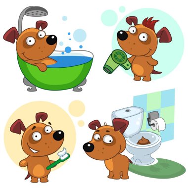 Çocuklar ve tasarım için çocuk illüstrasyonları seti. Köpek banyoda duşta yıkar, saç kurutma makinesiyle durur ve saçları kurutur, dişleri temizler, tuvalette bok.