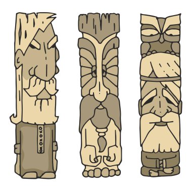 Etnik heykeller. Ahşap veya taş tasarımı için heykel bir sakallı antik yaşlı erkek seti.