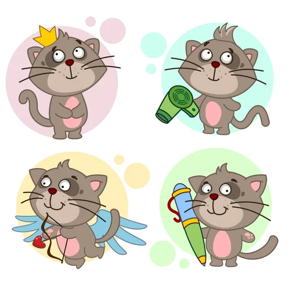 Kedilerle çizimler seti. Okları ile cupid bir melek şeklinde bir kedi, başında bir taç ile kral, bir saç kurutma makinesi ile saçlarını kurutur, bir kalem ile yazıyor.