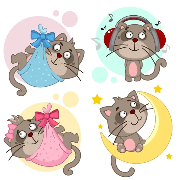 Set Icons Cats Newborn Kittens Boy Girl Diapers Cat Headphones — Stock Vector