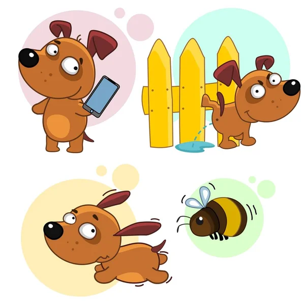 Illustrationen Mit Hunden Der Hund Läuft Der Biene Davon Pinkelt — Stockvektor