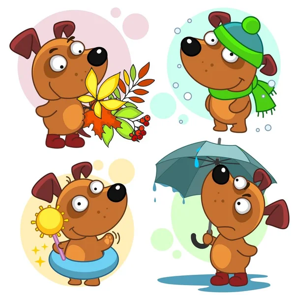Illustrationen Mit Hunden Jahreszeiten Sommer Winter Frühling Und Herbst Ein — Stockvektor