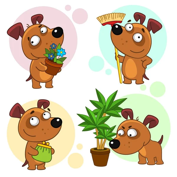 Set Personaje Câine Câinele Stă Floare Ghiveci Mop Cale Curăța — Vector de stoc