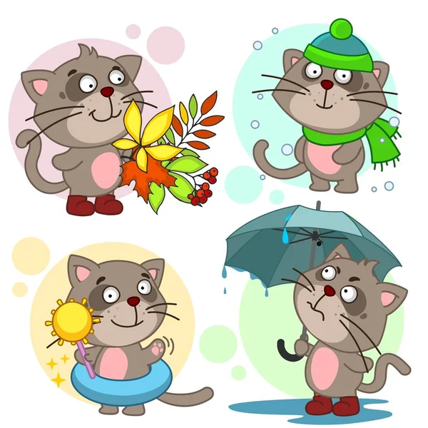 Illustrationen Mit Katzen Jahreszeiten Sommer Winter Frühling Und Herbst Eine — Stockvektor