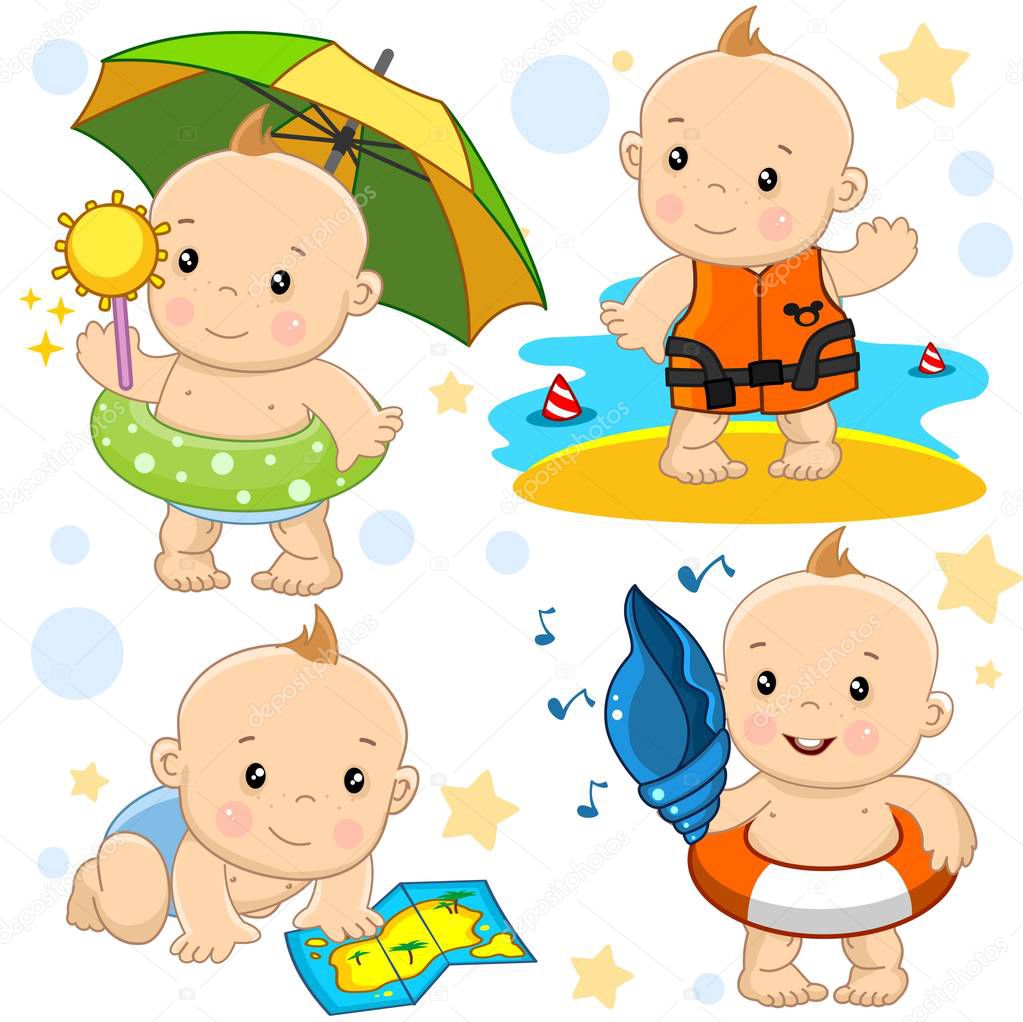 Icon set of illustrations with kids. Children travel in the summer. A babys with a map, with the sun under an umbrella from the heat, with a shell, in a life jacket.