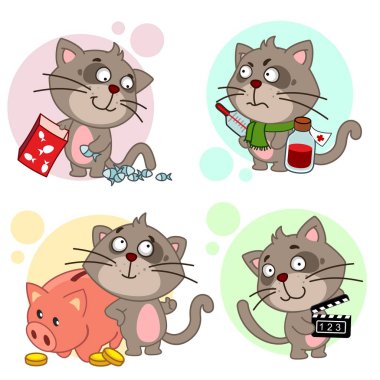 Kedilerle simgeler kümesi. Kedi bir termometre ve ilaçlar ile hasta, bir kumbara ve sikke ile duruyor, bir çanta balık toplar ve bir kedi almak.