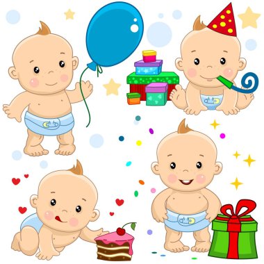 Çocuklarla simgeler kümesi. Bebeğin doğum günü var. O hediyeler, bir balon ile duruyor, tatlılar atar ve pasta bir parça için dans.