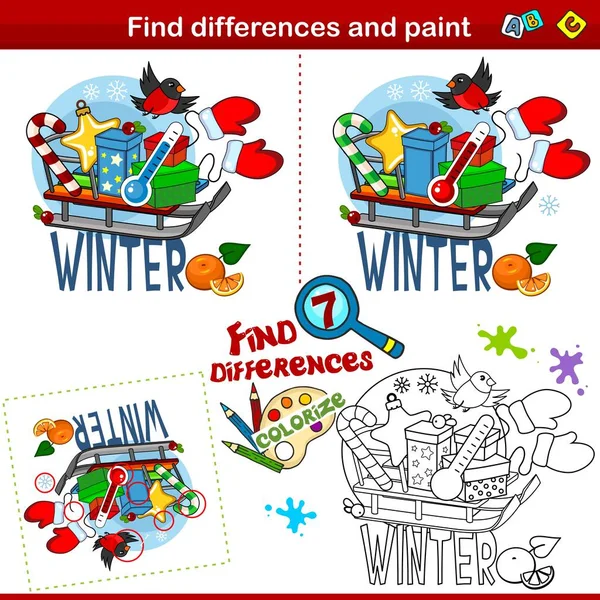 Set Pentru Copii Școlari Găsiți Diferența Imagine Colorați Imagine Iarnă — Vector de stoc