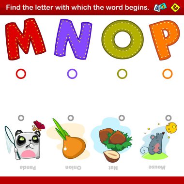 M, N, O, O ve P harflerini resimlerdeki kelimelerin başlangıcıyla birleştirmeniz gereken çocuklar için panda, soğan, ceviz ve farenin görüntüsüyle bir çizim seti. Anaokulları için eğlence, eğitim ve eğlence.