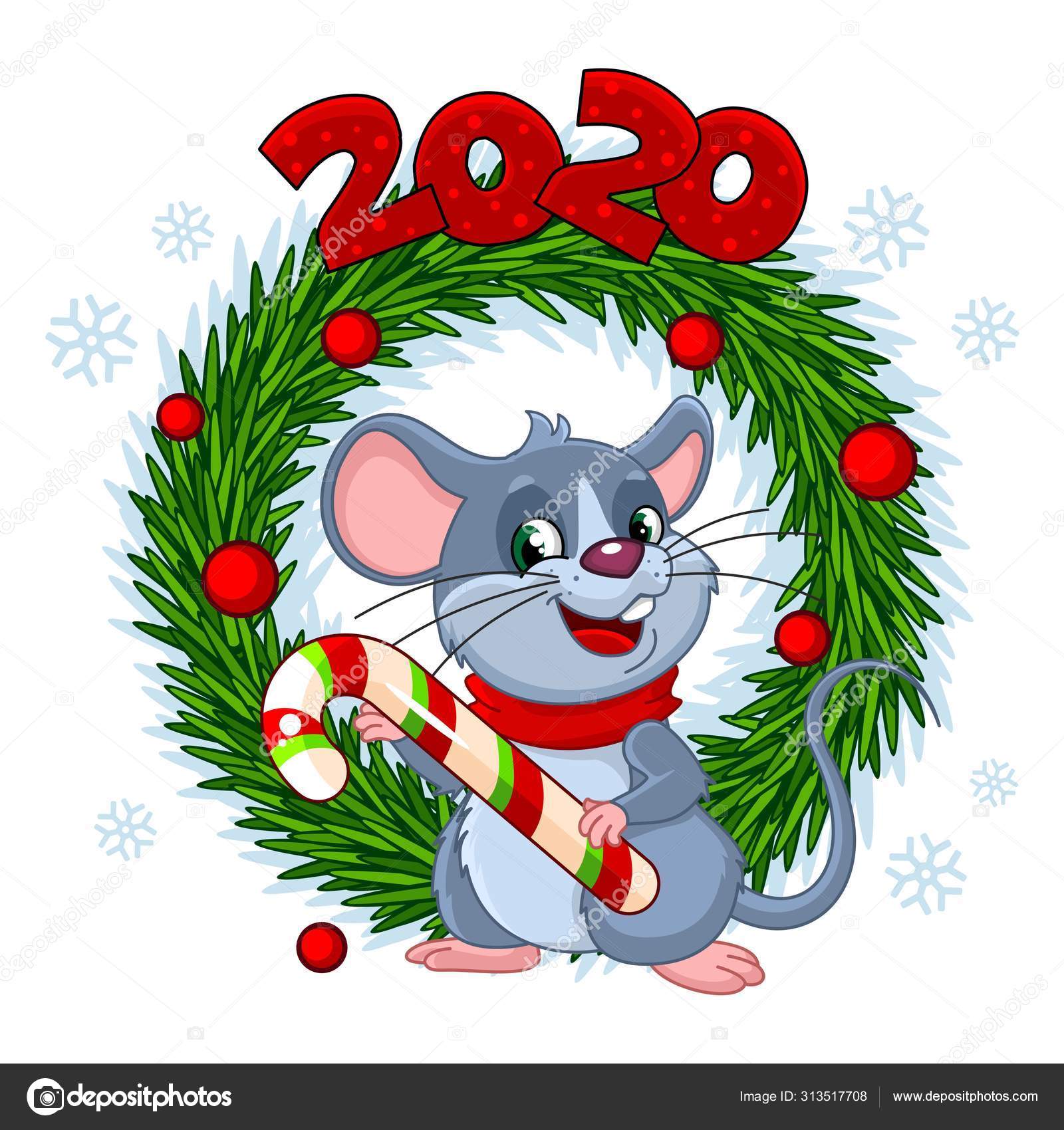 クリスマスへの挨拶カード キャンディを持つメリーマウスのイラスト おもちゃやフィギュアとトウヒで作られたクリスマスリース ストックベクター C Huhabra