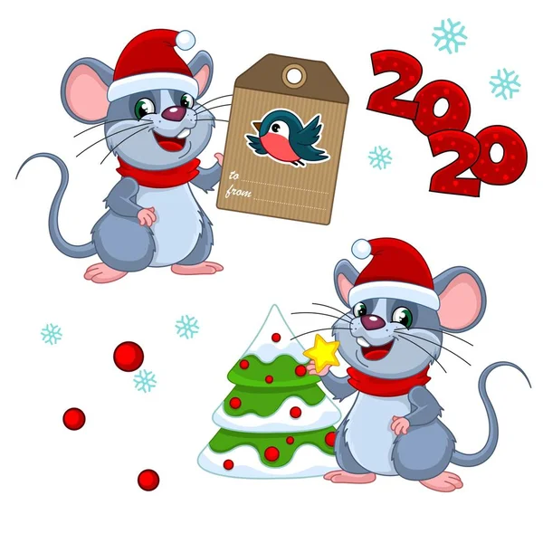 Fare ile bir dizi noel şablonu. Bir yıldızı pençesinde tutuyoruz, bir Noel ağacı süslüyor ve bir fare bir tebrik kartı tutuyor..
