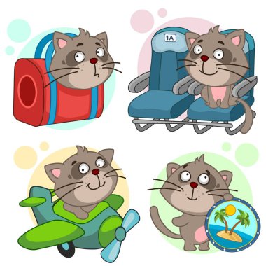 Çocuklar ve tasarım için çocuk çizimleri. Çantada bir kedi, bavullar, uçakta bir koltuğa oturur, uçakta uçar, bir hatıra taşır..