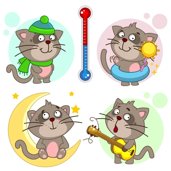 Набір Іконок Котами Дітей Дизайну Коти Стоять Біля Термометра Капелюсі — стоковий вектор