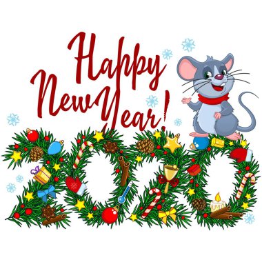 Noel figürü 2020 dekoratif elementlerle ve Noel ağacı dallarından bir fare.