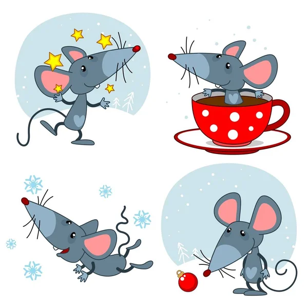鼠标图标集日历设计 老鼠与星星嬉戏 飞着捕捉雪花 坐在茶杯里 看着圣诞树上的玩具 — 图库矢量图片