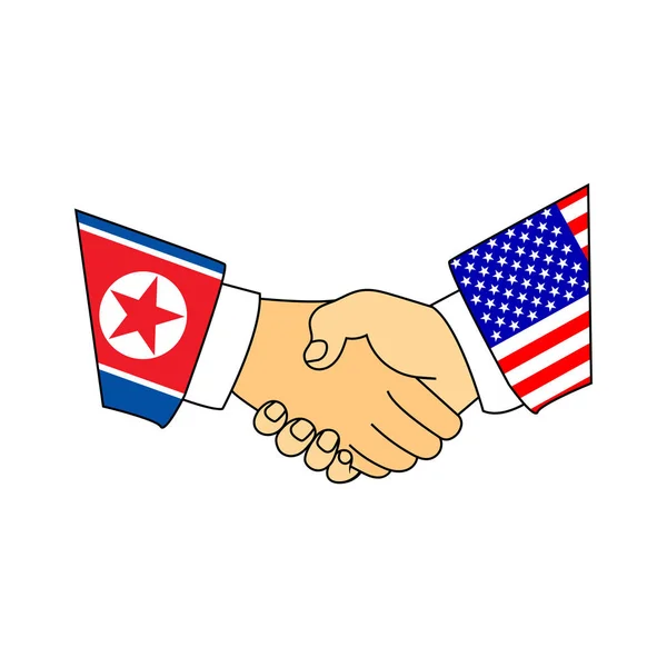 Estados Unidos y Corea del Norte amistoso apretón de manos. Aislado sobre fondo blanco. Negociación entre los líderes EE.UU. y Corea del Norte. Ilustración vectorial . — Vector de stock