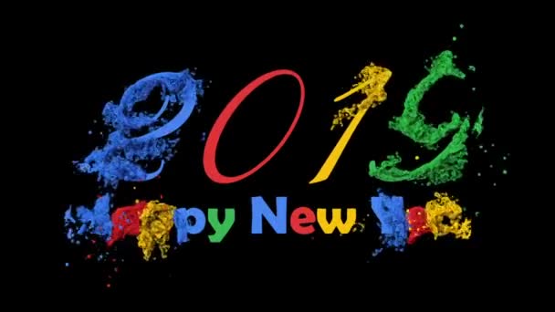 2019 happy New Year parlak renkli metin animasyonu. Siyah ve beyaz arka plan üzerinde izole. — Stok video