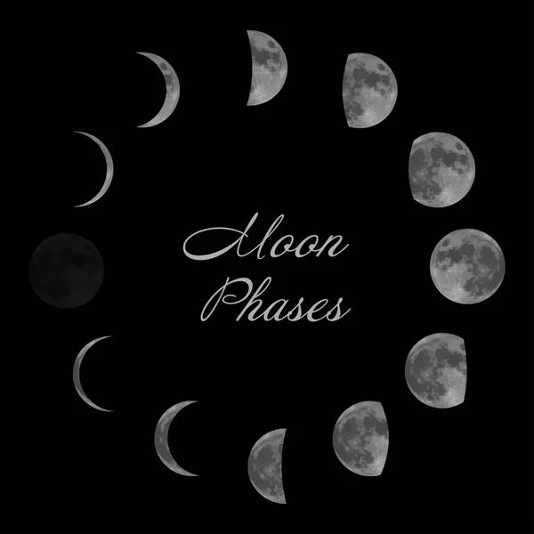 Fases lunares para calendario lunar. Aislado sobre fondo negro. Vector . — Archivo Imágenes Vectoriales