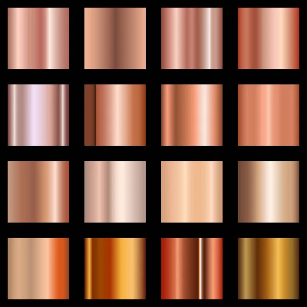 Bakır degradeler ayarlayın. Metalik degrade arka plan, kapak, çerçeve, şerit, afiş, sikke, etiket, el ilanı, kart, poster vb. için topluluğu. Vektör.
