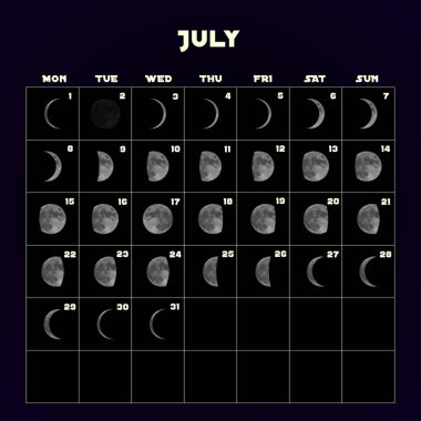 Moon phases calendar for 2019 with realistic moon. July. Vector. clipart