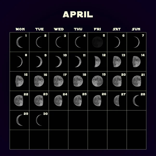 Calendario fasi lunari per il 2019 con luna realistica. April. Vettore . — Vettoriale Stock