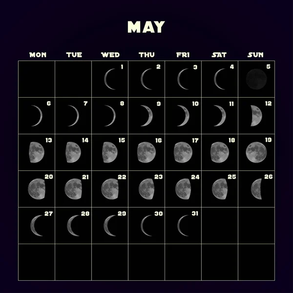 Moon phases calendar for 2019 with realistic moon. May. Vector. — Stock Vector