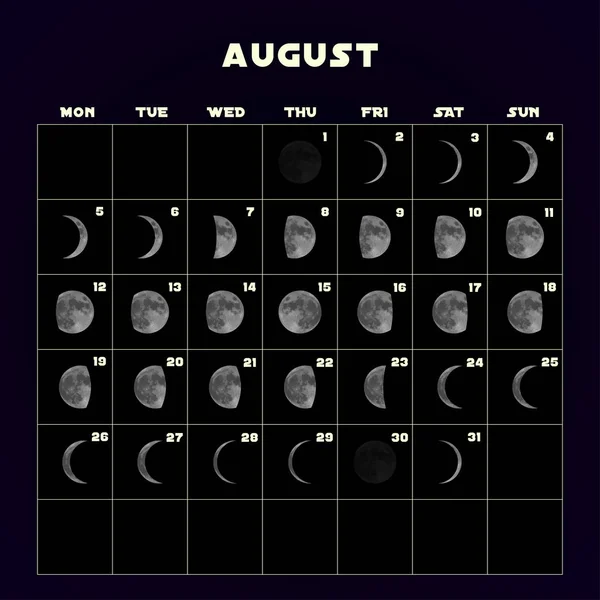 Calendario fasi lunari per il 2019 con luna realistica. Agosto. Vettore . — Vettoriale Stock