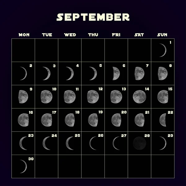 Calendario fasi lunari per il 2019 con luna realistica. Settembre. Vettore . — Vettoriale Stock