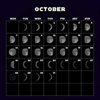 Moon phases calendar for 2019 with realistic moon. October. Vector clipart