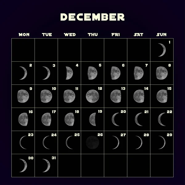 Calendário de fases lunares para 2019 com lua realista. Dezembro. Vetor — Vetor de Stock