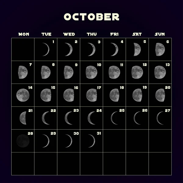 Calendario fasi lunari per il 2019 con luna realistica. Ottobre. Vettore — Vettoriale Stock