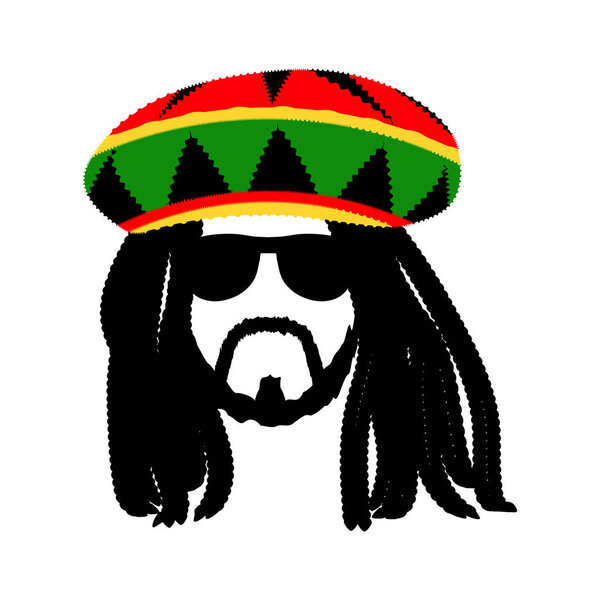 Jamaican rasta hat with dreadlocks and beard. Reggae style avatar. Isolated on white background. Vector.