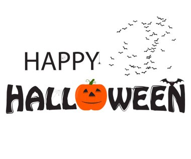 Mutlu Halloween metin afiş ile kabak ve yarasalar. Beyaz arka plan üzerinde izole. Vektör.