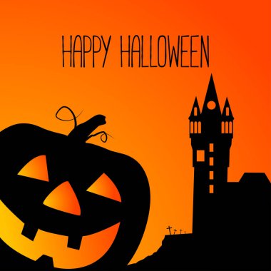 Kabak ve Kalesi ile mutlu Halloween metin yazı. Cadılar Bayramı arka plan. Vektör.
