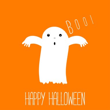 Mutlu Halloween metin yazı ile şirin komik hayalet boo diyor. Cadılar Bayramı arka plan. Vektör.