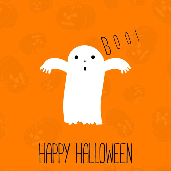 Šťastný Halloween textu písmem s roztomilý funny ghost na pozadí dýně. Halloween na pozadí. Vektor. — Stockový vektor